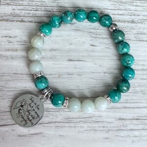 Turquoise and White Beaded Bracelet with Inspirational angel wings Charm